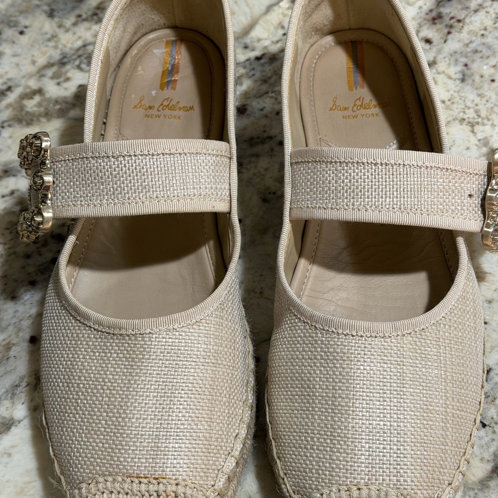 Sam Edelman Beige Espadrille Mary Jane Flats with Rhinestone Buckle - Picture 5 of 10